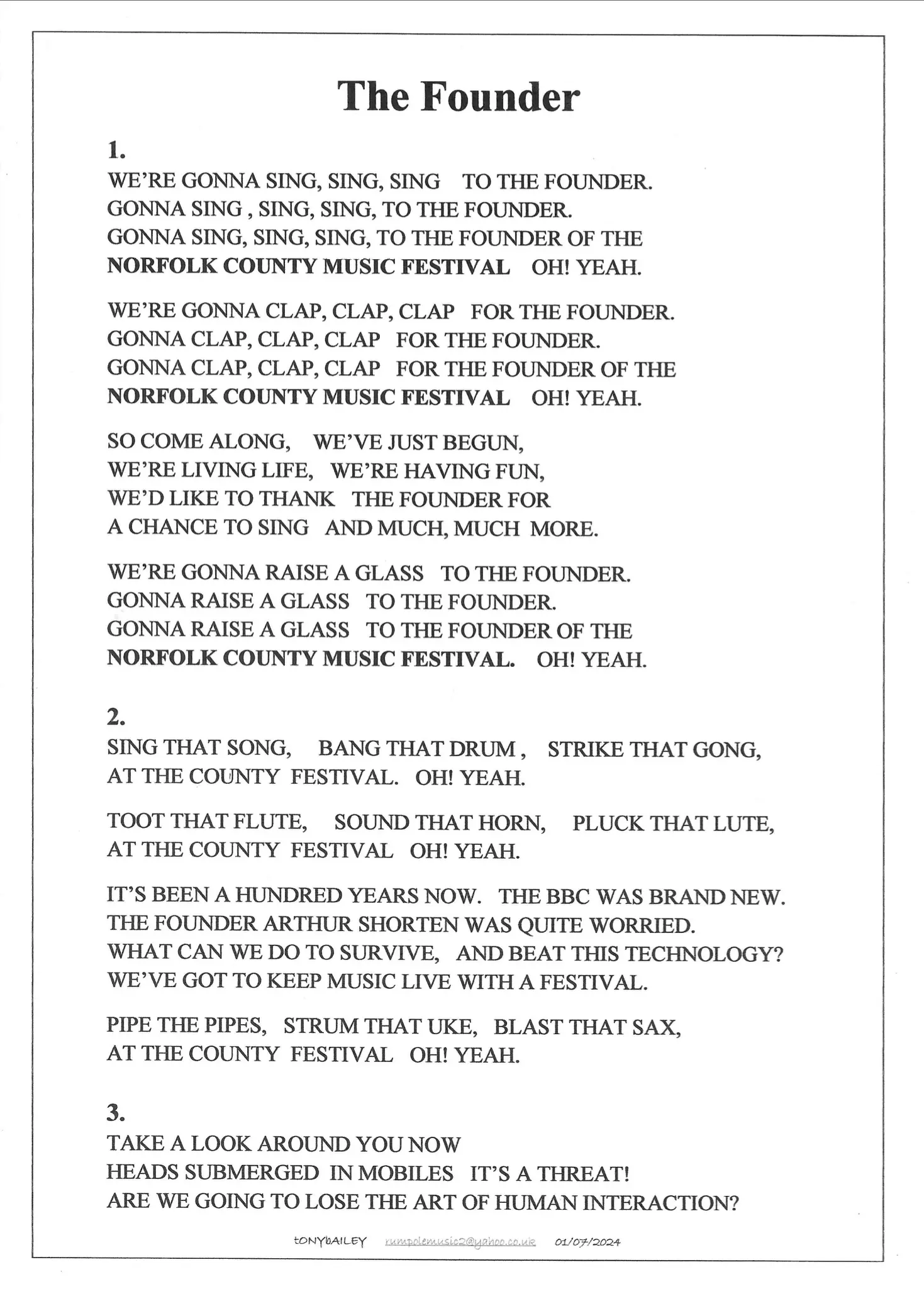 The first page of "The Founder" song